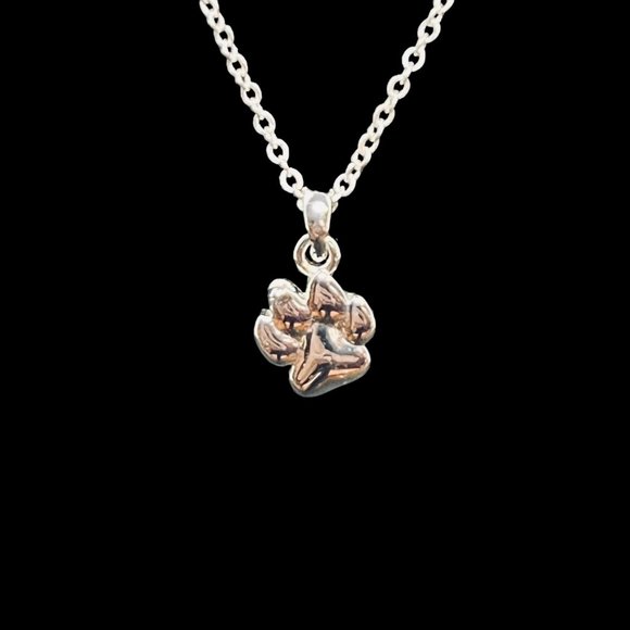 Silver Tone Cable Chain Necklace With Clear Rhinestone Paw Print Pendant (4700) - Picture 3 of 6